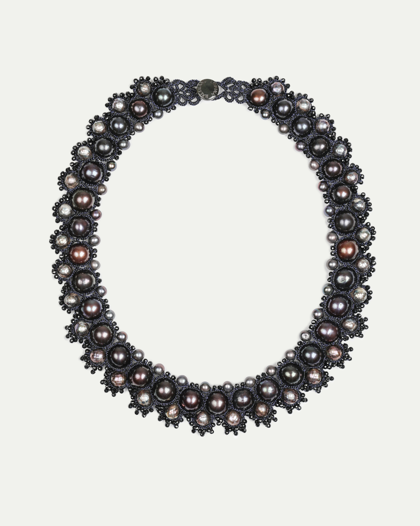 JOLENE NECKLACE in Silk, Pearl, Pearls color Black front view with elegant and refined design