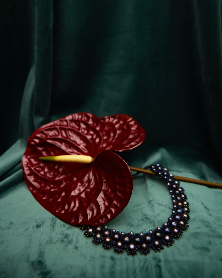 JOLENE NECKLACE in Silk, Pearl, Pearls color Black side view with decorative details and quality finishes