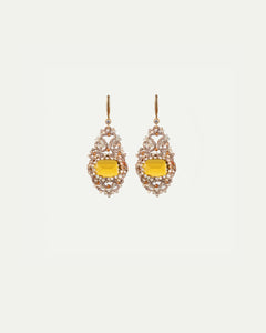 Gold KIARA earrings with intricate design, featuring a large yellow gemstone and delicate beading accents.