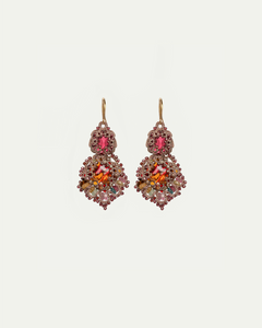 KIMBERLY EARRINGS with red crystals, multicolored gemstones, and gold-plated silver hooks.