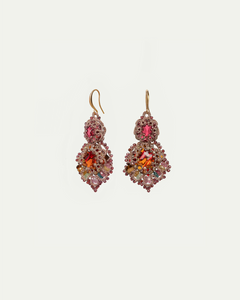 Red silk earrings adorned with multicolored gemstones and intricate detailing.