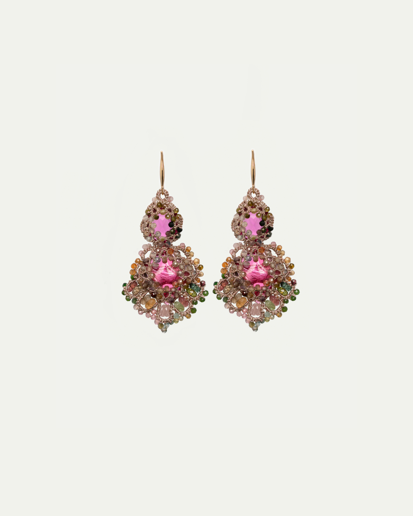 Rose Kimberly earrings side view, intricate design with pink crystals and multicolored gemstones, gold hooks.
