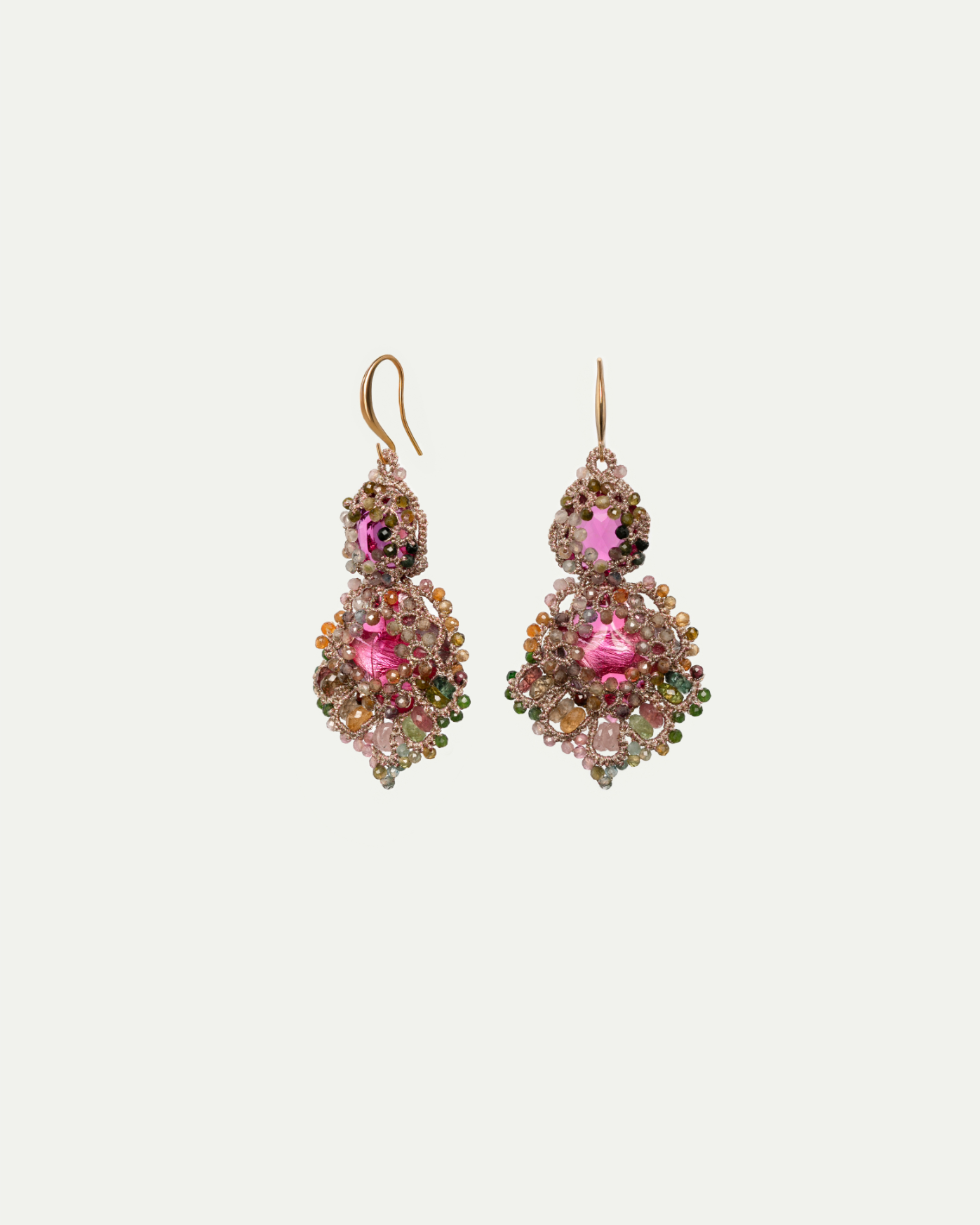 Rose silk earrings with intricate beadwork detail, featuring vibrant pink stones and multicolored accents.
