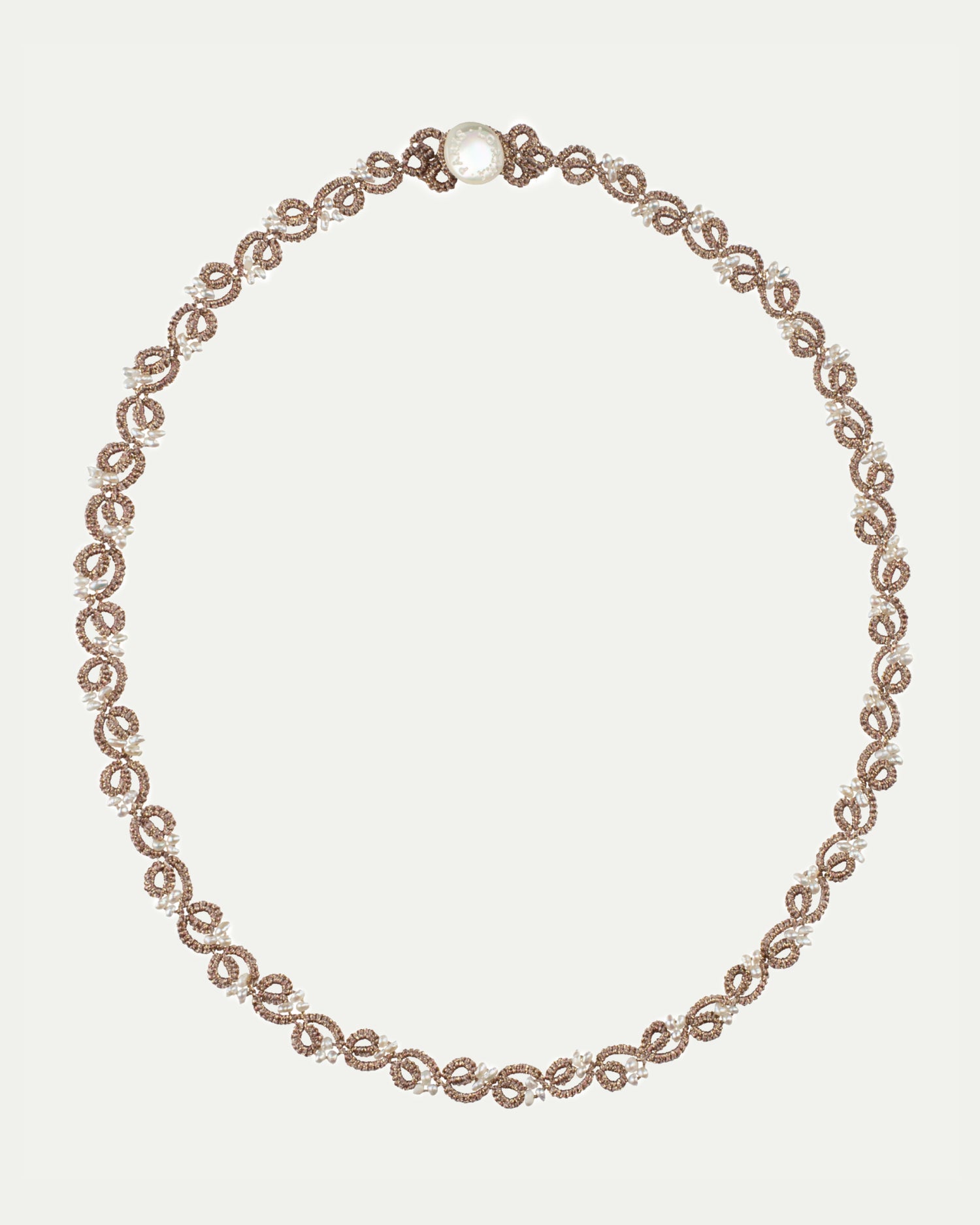 LABRO NECKLACE with glass beads, silk threads, mother of pearl button, white color accents