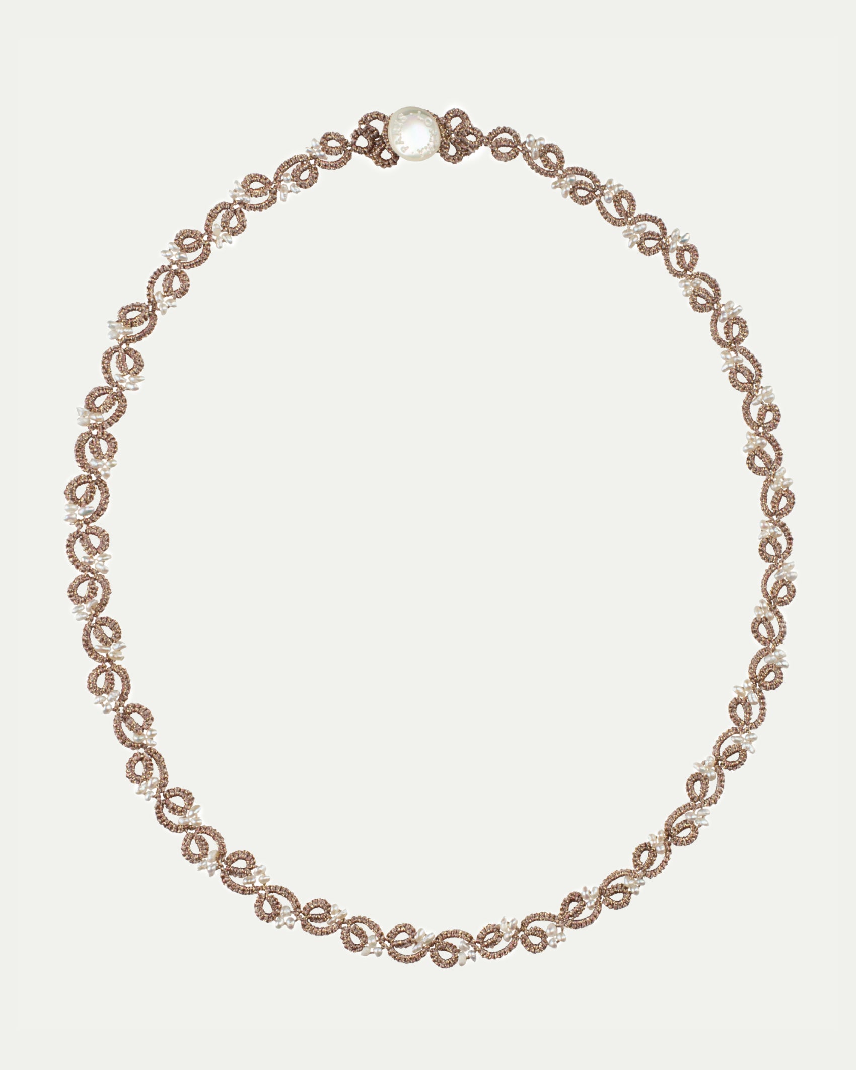 LABRO NECKLACE with glass beads, silk threads, mother of pearl button, white color accents