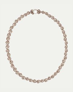 LABRO NECKLACE with glass beads, silk threads, mother of pearl button, white color accents