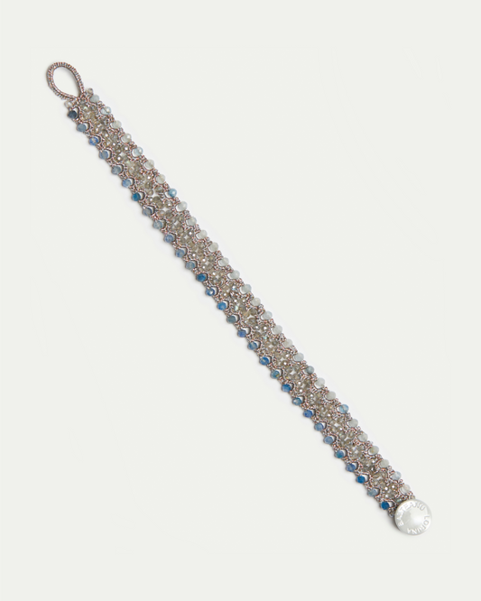 LINDA BRACELET in Silk, Pearl, Kyanite color Blue side view with decorative details and quality finishes