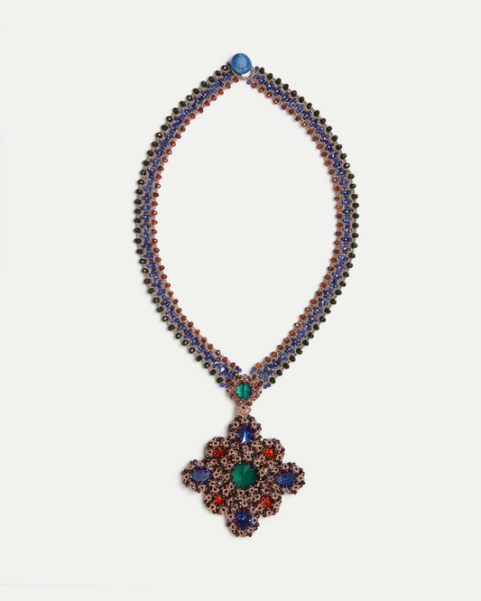 LINDA NECKLACE in Silk, Pearl, Crystal color Multicolor side view with decorative details and quality finishes