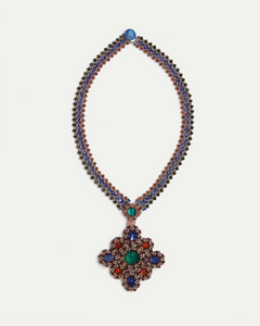 Multicolor LINDA necklace with intricate gemstone pattern, featuring blue, green, and red stones in ornate cluster design.