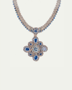 LINDA NECKLACE with blue gemstones, crystals, aquamarine, kyanite, and silk thread, intricate design with pearl accents.