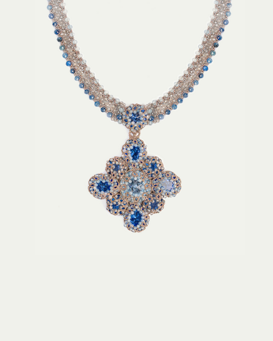 LINDA NECKLACE in Silk, Pearl, Crystal color Blue front view with elegant and refined design