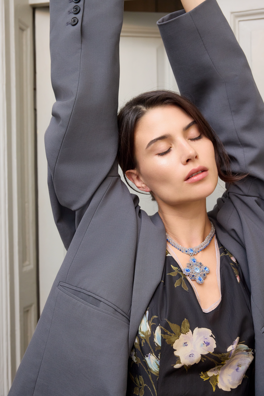 LINDA NECKLACE in Silk, Pearl, Crystal color Blue side view with decorative details and quality finishes