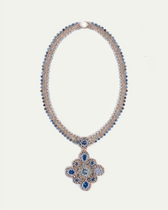 Blue LINDA NECKLACE detail with silk, pearl, crystal, kyanite, aquamarine accents and intricate texture.