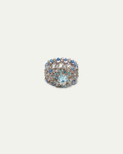 Blue LINDA RING size 55 with faceted gemstones, intricate crystal detailing, and elegant side view design.
