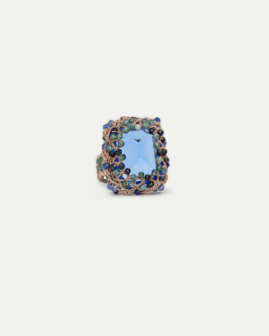 LOLA RING in Silk, Crystal, Kyanite color Blue front view with elegant and refined design