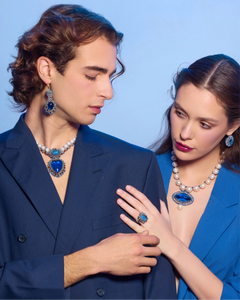 Blue silk LOLA ring with crystals, kyanite, tourmaline; detailed texture and vibrant design, size 54.