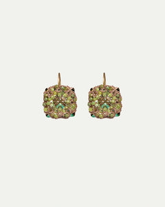 Lorelei earrings with green jade, crystals, silk, gold-plated silver hooks, intricate design.