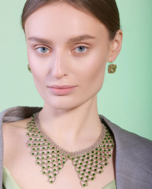 LORELEI EARRINGS in Silk, Gold, Silver color Green side view with decorative details and quality finishes