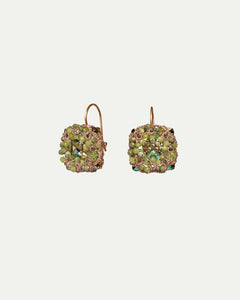 Green silk LORELEI earrings with gold hooks, silver detailing, and crystal embellishments.