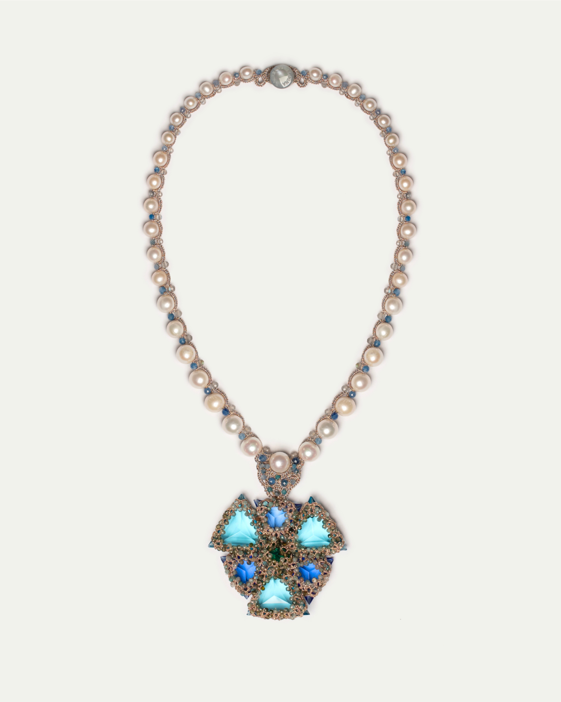 LYDIA NECKLACE in Silk, Pearl, Pearls color Blue front view with elegant and refined design