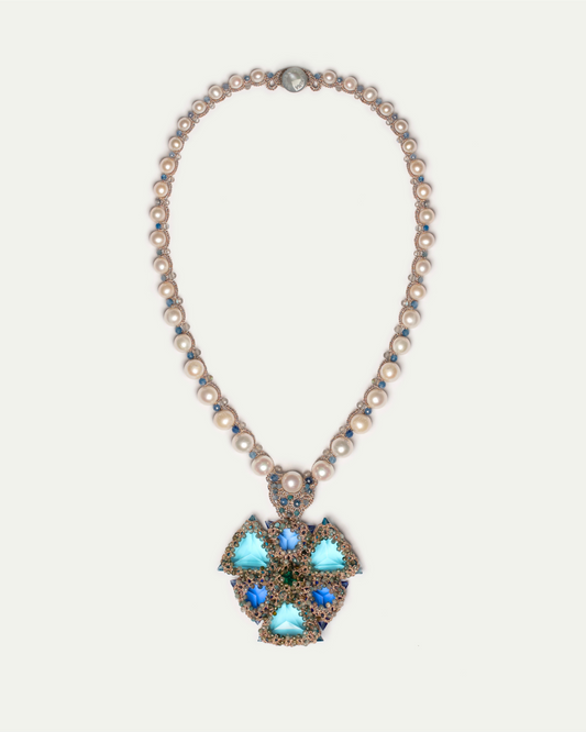 LYDIA NECKLACE in Silk, Pearl, Pearls color Blue front view with elegant and refined design