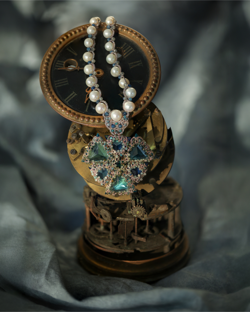 LYDIA NECKLACE in Silk, Pearl, Pearls color Blue side view with decorative details and quality finishes