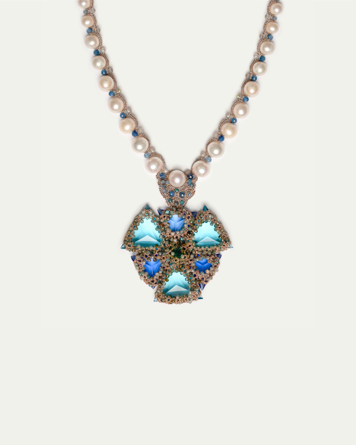 LYDIA NECKLACE in Silk, Pearl, Pearls color Blue detail view with classic and elegant design