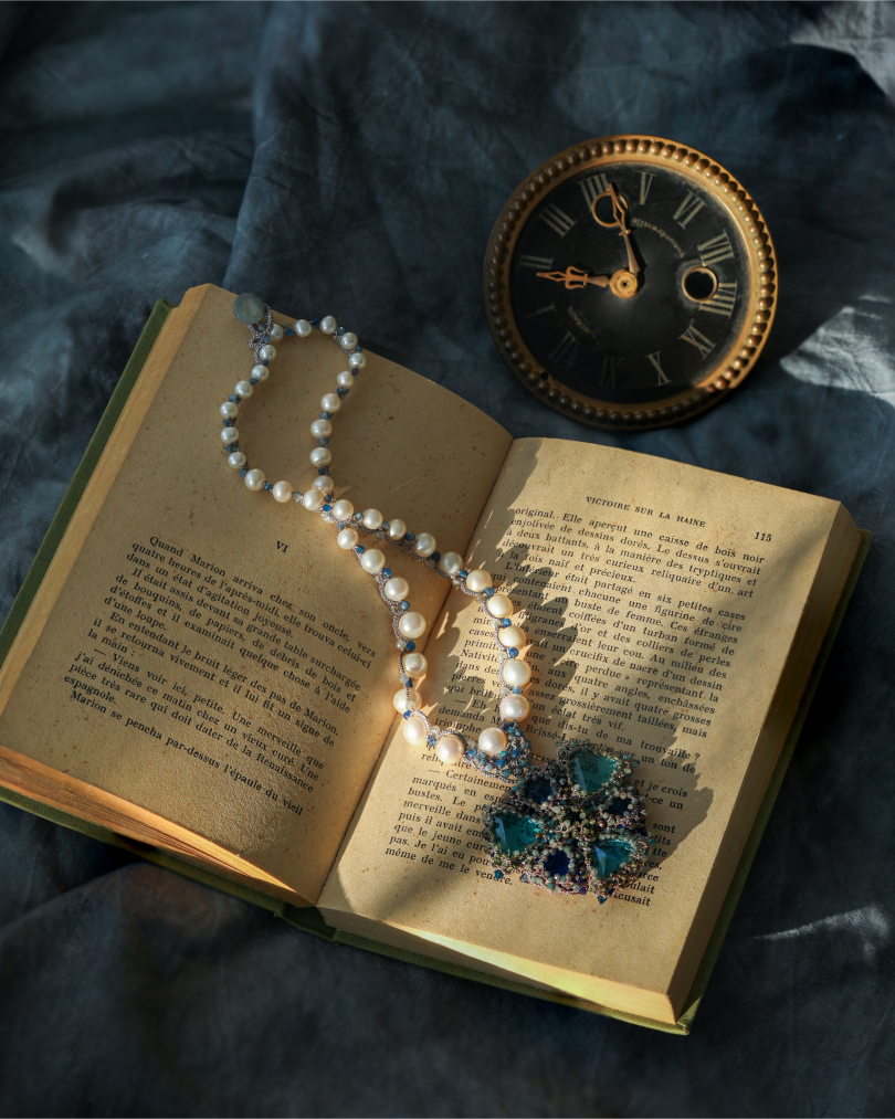 LYDIA NECKLACE in Silk, Pearl, Pearls color Blue close-up view with premium look and attention to detail