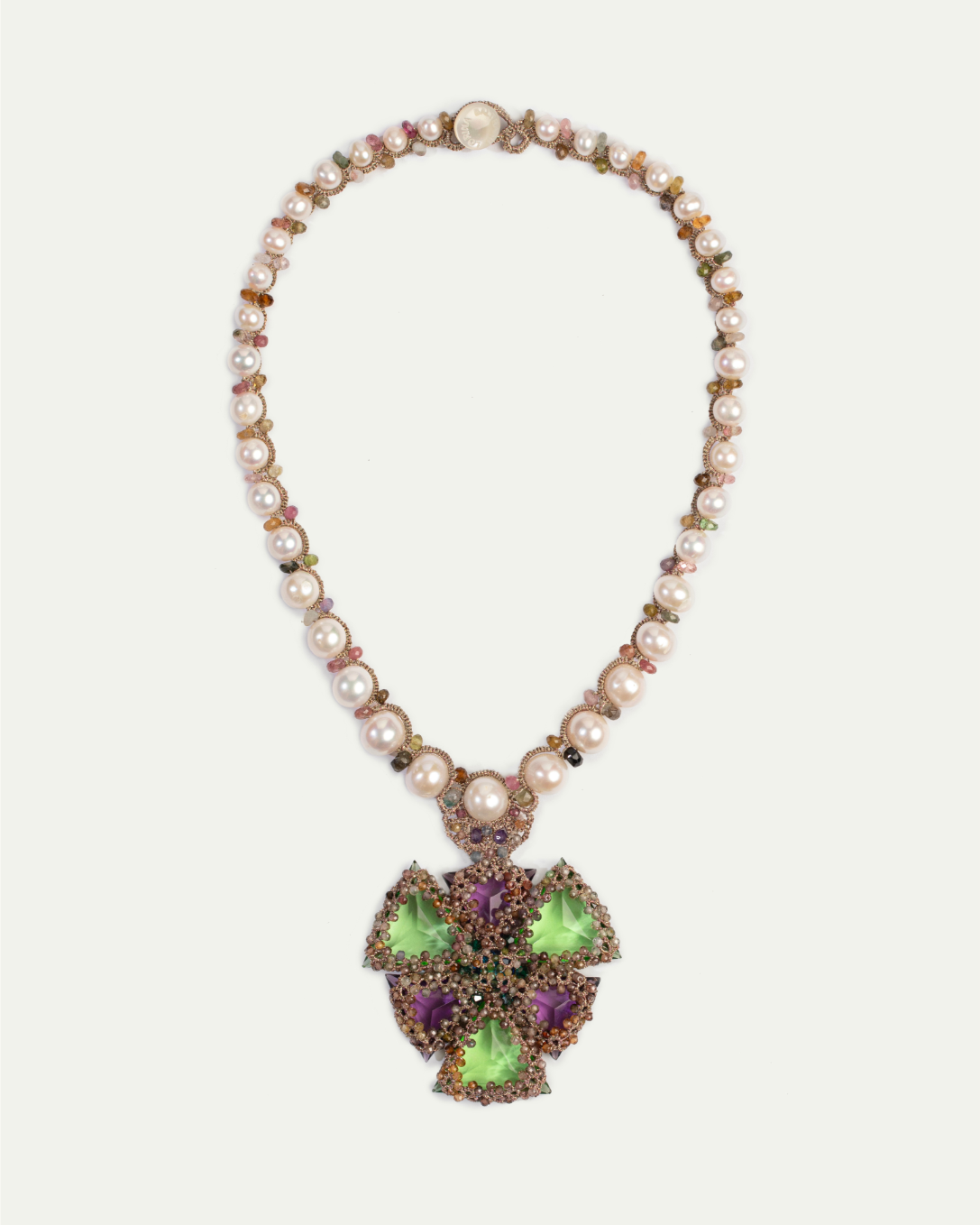 LYDIA NECKLACE in Silk, Pearl, Pearls color Green side view with decorative details and quality finishes