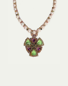 LYDIA NECKLACE in Silk, Pearl, Pearls color Green close-up view with premium look and attention to detail