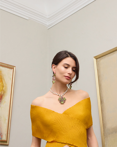 LYDIA NECKLACE in Silk, Pearl, Pearls color Green full view with sophisticated look and elegance