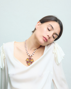 LYDIA NECKLACE in Silk, Pearl, Pearls color Yellow front view with elegant and refined design