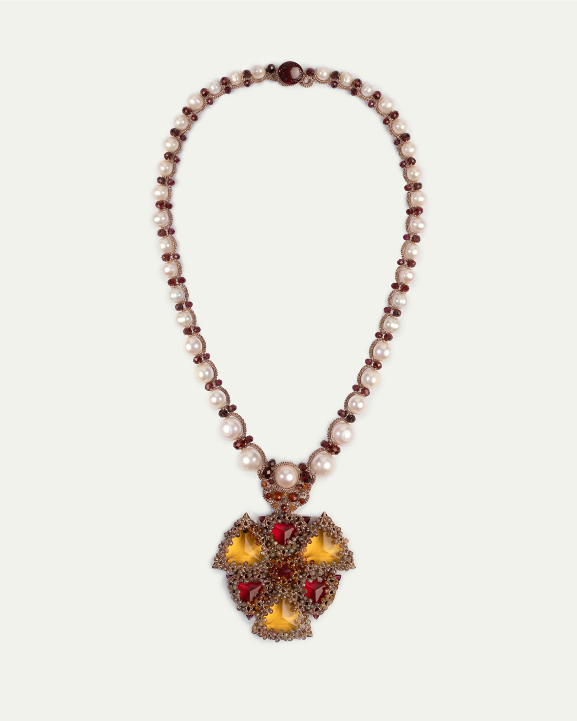 LYDIA NECKLACE in Silk, Pearl, Pearls color Yellow angle view with superior finishes and refined design