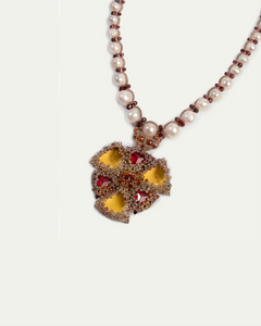 LYDIA NECKLACE in Silk, Pearl, Pearls color Yellow front view with elegant and refined design