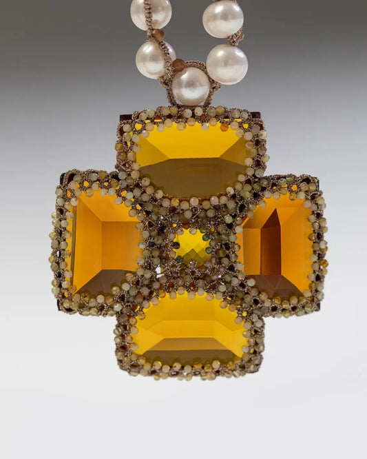 MALTA PENDANT in Silk, Pearl, Pearls color Gold side view with decorative details and quality finishes