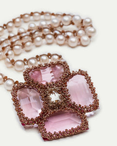 MALTA PENDANT with rose crystals, freshwater pearls, red zircon gemstones, silk threads.