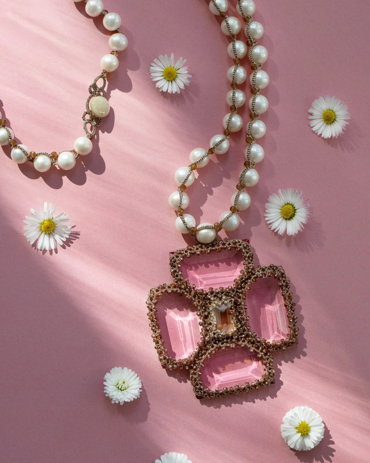 MALTA PENDANT in Silk, Pearl, Pearls color Rose side view with decorative details and quality finishes