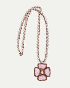 Rose Malta pendant with silk, freshwater pearls, and crystal details, featuring intricate pearl and crystal embellishments.