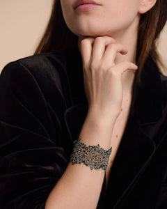 MARBELLA BRACELET in Silk, Pearl, Tourmaline color Blue side view with decorative details and quality finishes