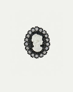 MARGUERITTE BROOCH with carved vintage glass cameo, black spinel gemstones, and silver pin on silk base.