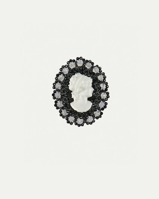 MARGUERITTE BROOCH in Silk, Silver, Glass color Black front view with elegant and refined design