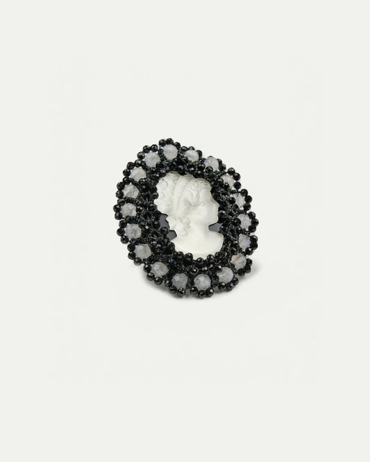 MARGUERITTE BROOCH in Silk, Silver, Glass color Black side view with decorative details and quality finishes