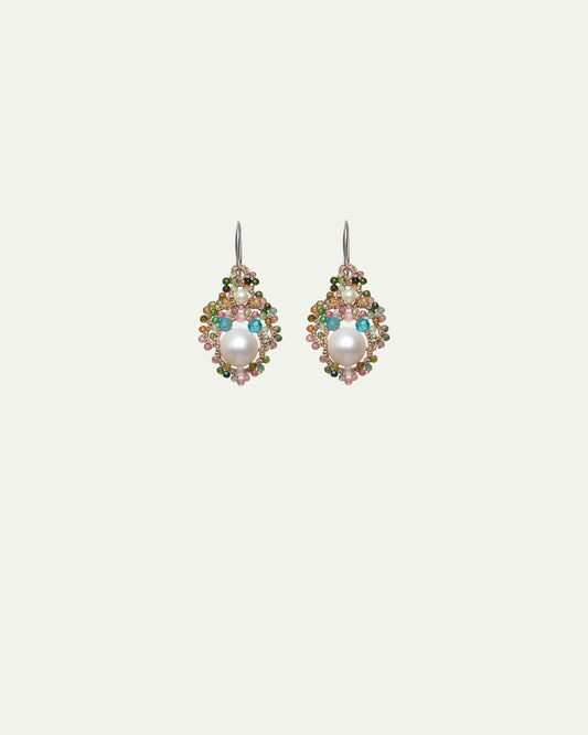 MATILDA EARRINGS in Silk, Pearl, Pearls color Blue side view with decorative details and quality finishes