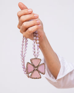 MATI PENDANT with rose tourmaline, pink opal gemstones, vintage glass and silk threads in a beaded necklace.