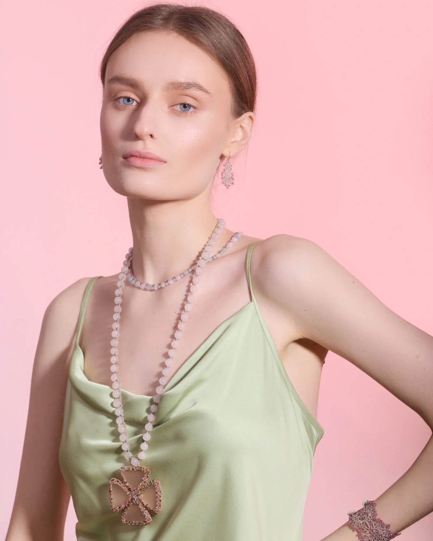 Rose MATI PENDANT with silk cord, pearl, opal, tourmaline, and glass, intricate detailing and soft texture.