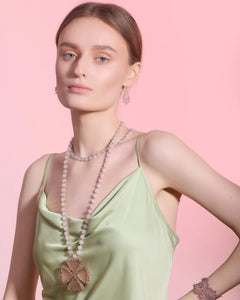 Rose MATI PENDANT with silk cord, pearl, opal, tourmaline, and glass, intricate detailing and soft texture.