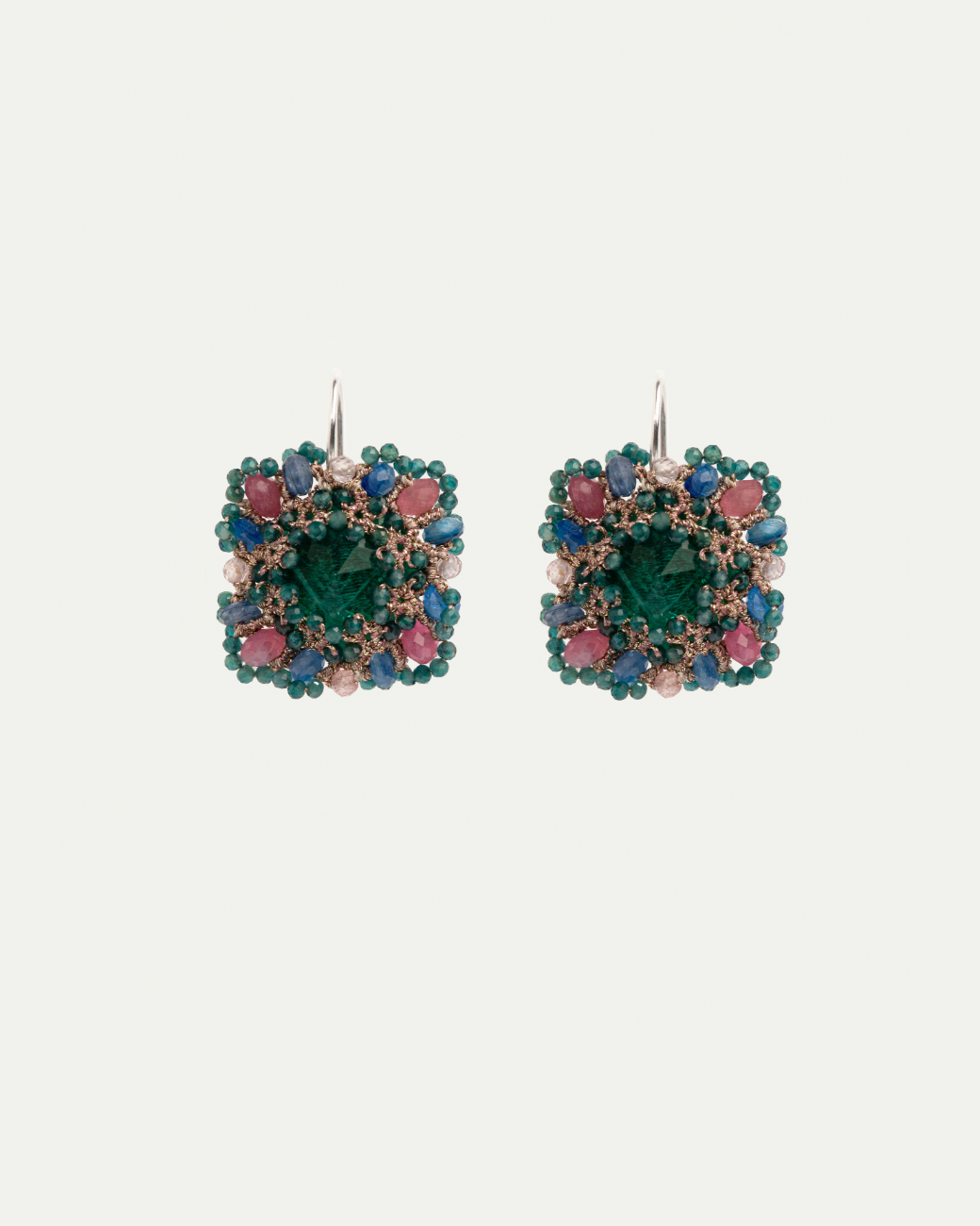 MEG EARRINGS in Silk, Silver, Crystal color Green side view with decorative details and quality finishes