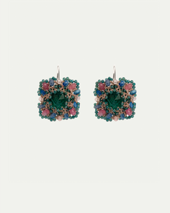 MEG EARRINGS in Silk, Silver, Crystal color Green side view with decorative details and quality finishes