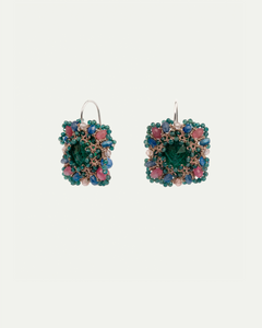MEG EARRINGS in Silk, Silver, Crystal color Green close-up view with premium look and attention to detail