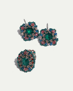 MEG EARRINGS in Silk, Silver, Crystal color Green perspective view with exceptional quality and modern design